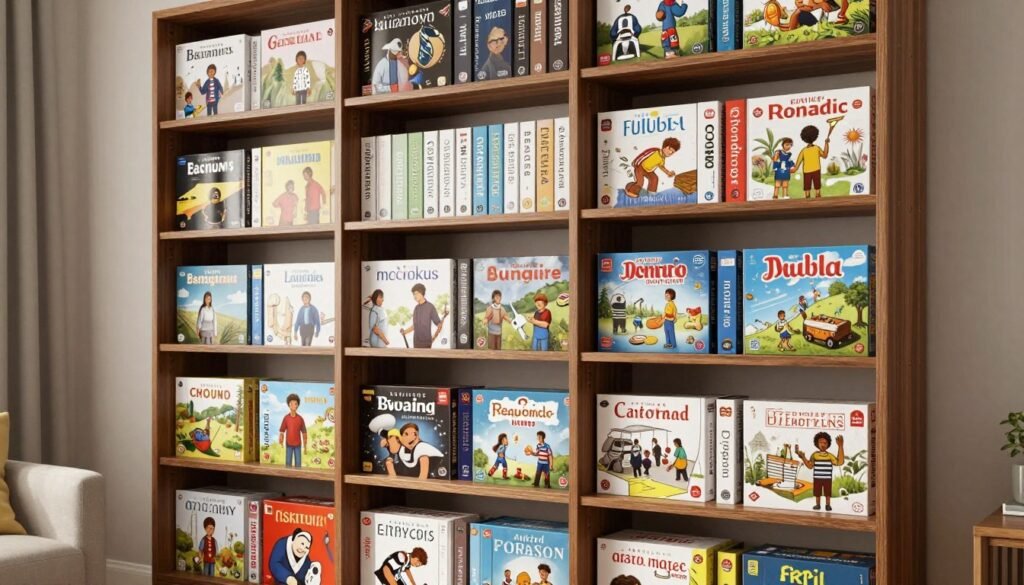 floor to ceiling shelving unit with organized board games