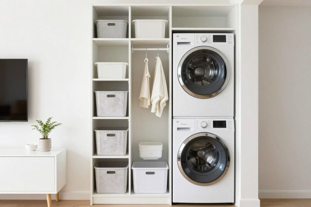 floor to ceiling storage in compact laundry room