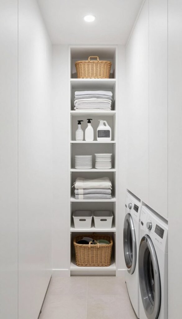 floor to ceiling storage in narrow laundry room