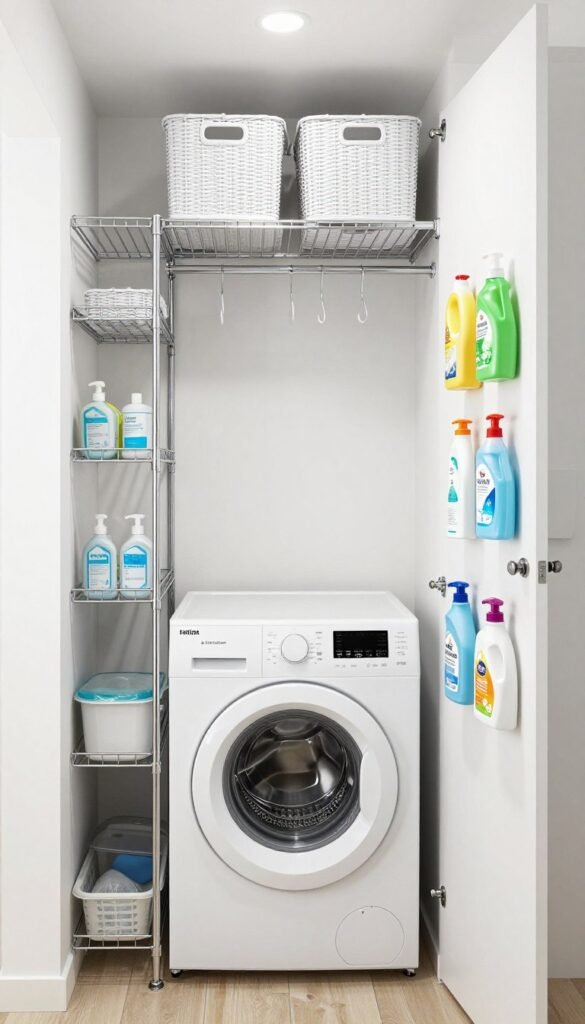 floor to ceiling storage in narrow laundry room with stackable washer dryer