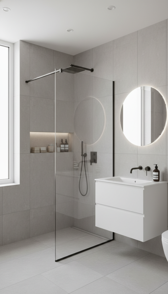 floor to ceiling tile installation in modern small bathroom