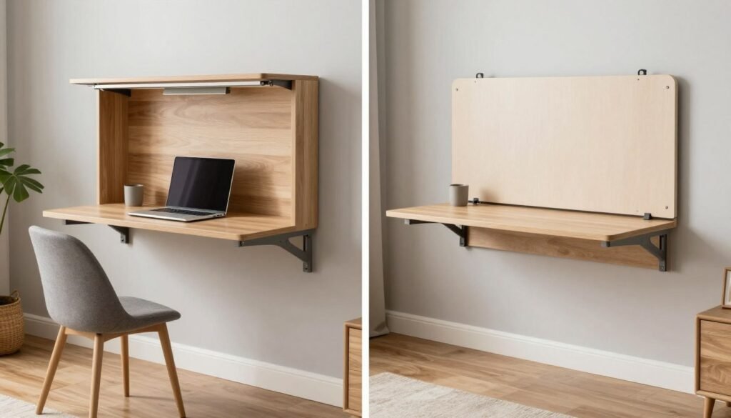 fold-down wall-mounted desk in open and closed positions