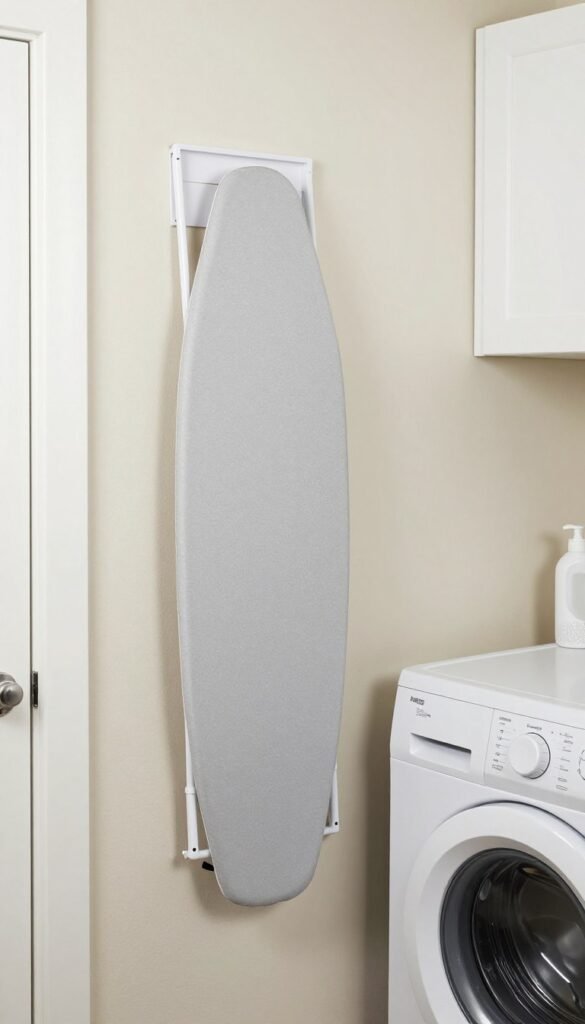 fold down wall mounted ironing board in small laundry room next to top loading washer