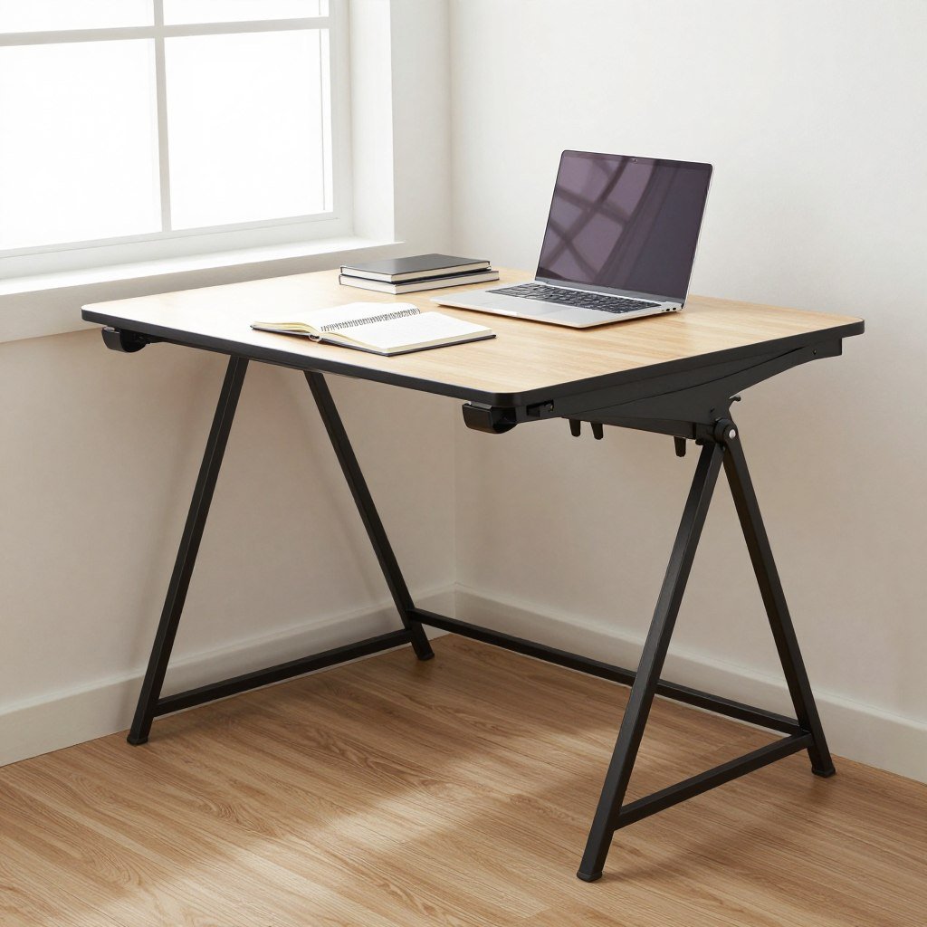 folding desk setup in compact apartment with storage nearby