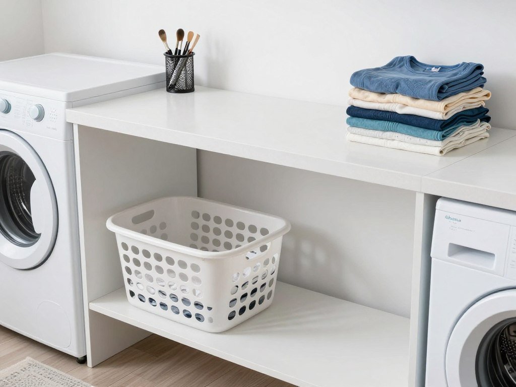 folding station with basket for clean laundry
