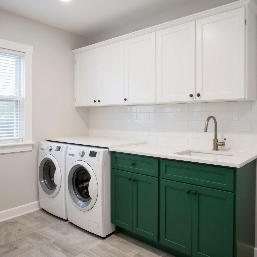 forest green cabinets with white walls and counters