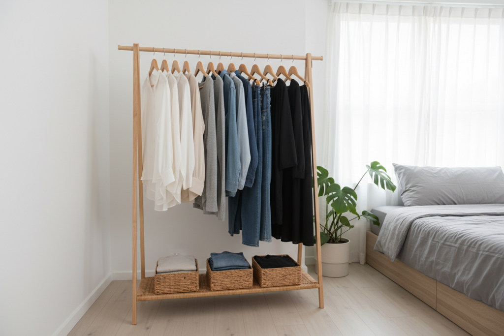 freestanding clothing rack with organized garments