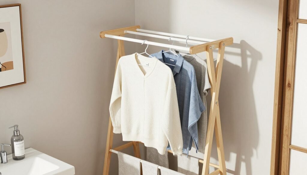 freestanding drying rack in corner