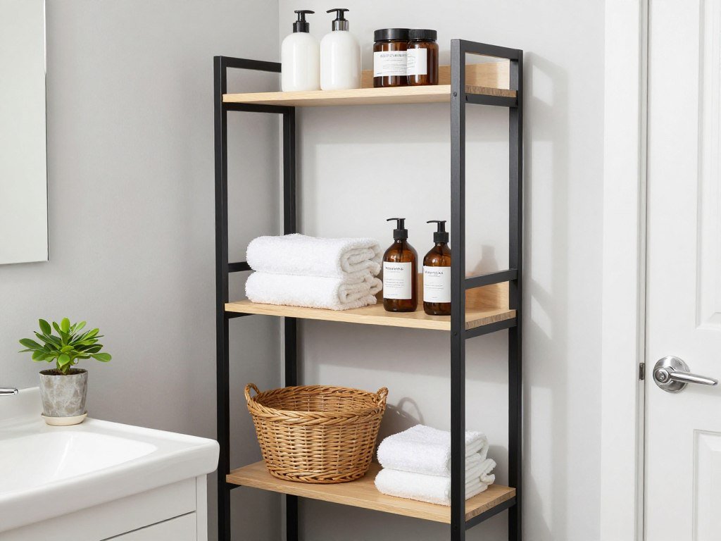 freestanding storage in rental bathroom