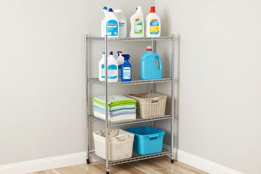 freestanding wire shelving unit in laundry room corner