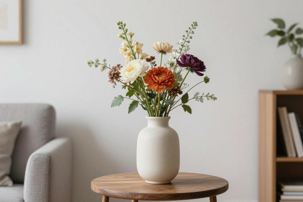 fresh seasonal flowers in vase on small living room table
