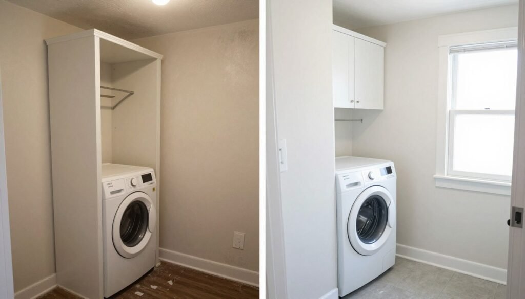 freshly painted small laundry room before and after