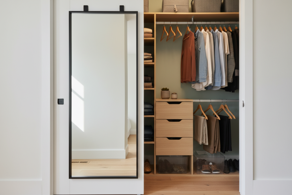 full-length mirror mounted on closet door with hidden storage behind