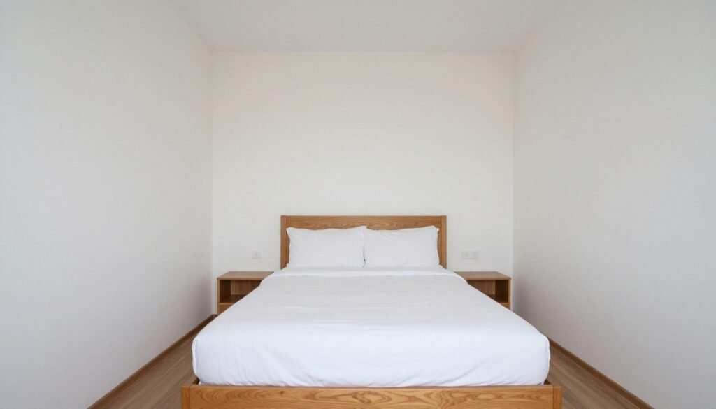 full-size bed in small bedroom allowing adequate floor space