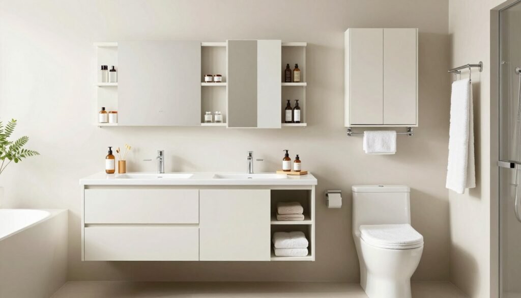 fully organized modern bathroom with multiple storage solutions