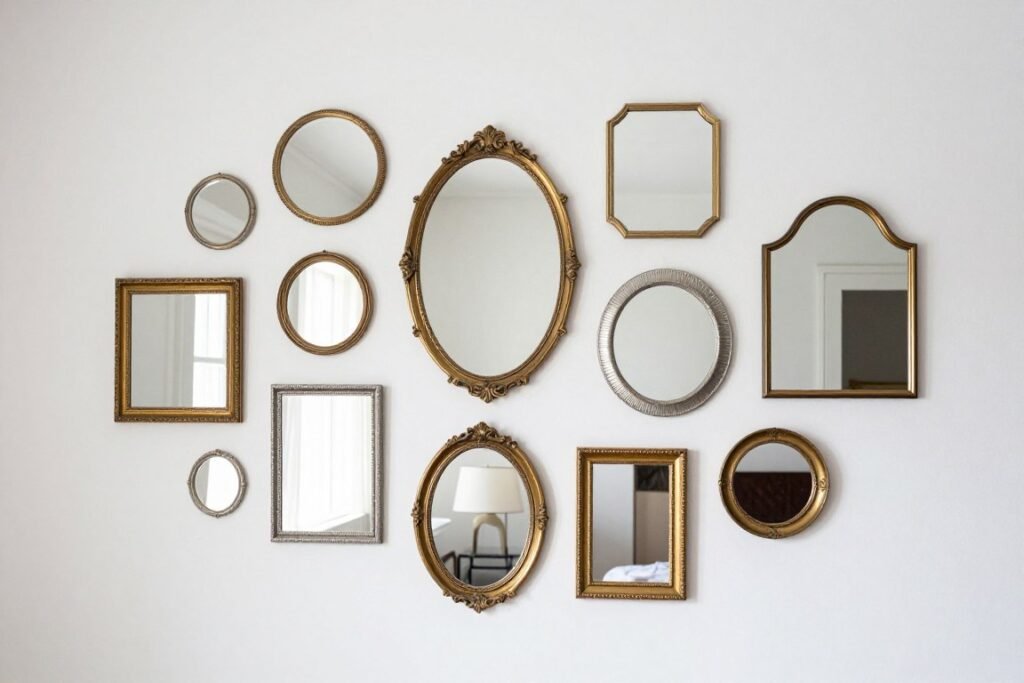 gallery wall of decorative mirrors in small bedroom