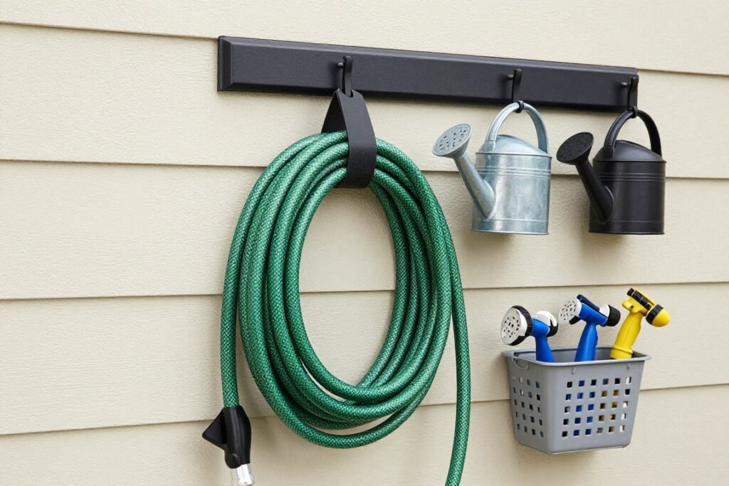 garden hose reel and watering can storage