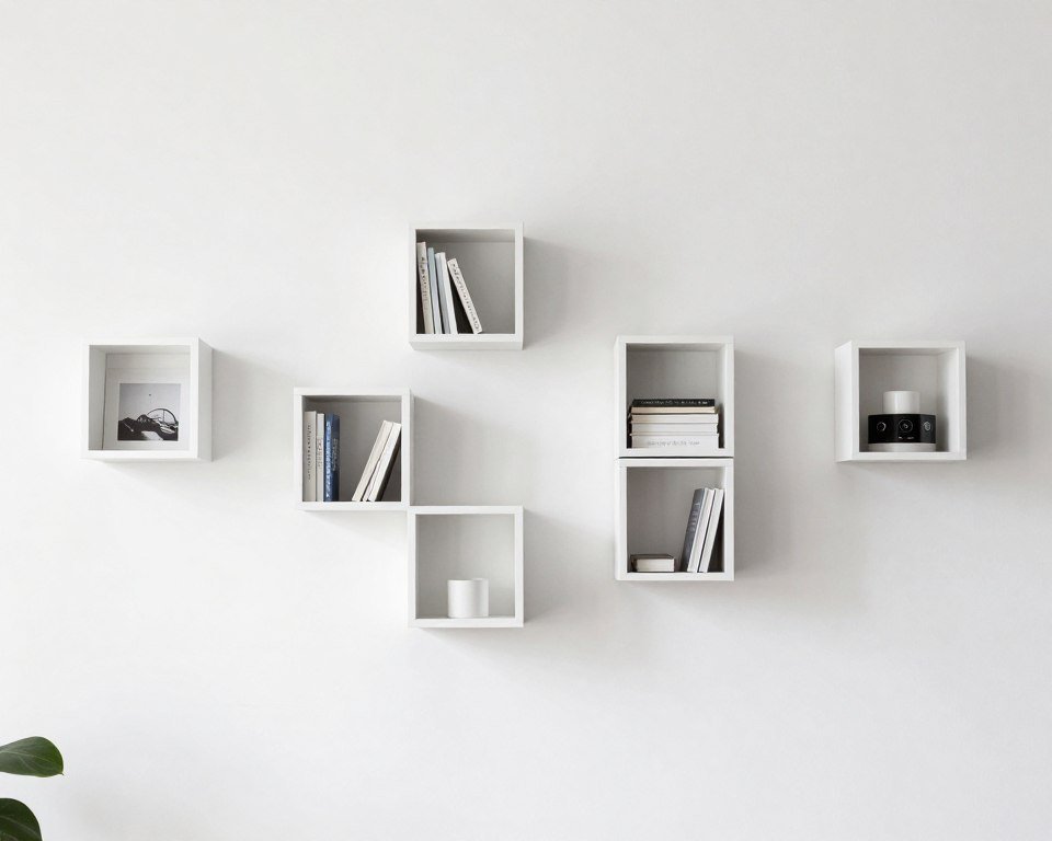 geometric box shelves arranged in artistic pattern on wall