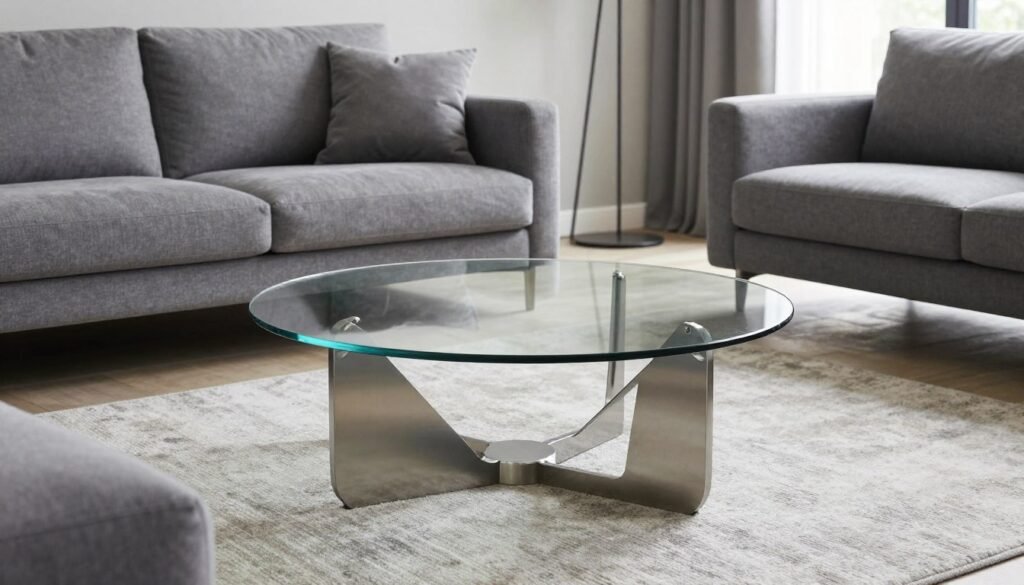 glass coffee table in small living room creating visual openness