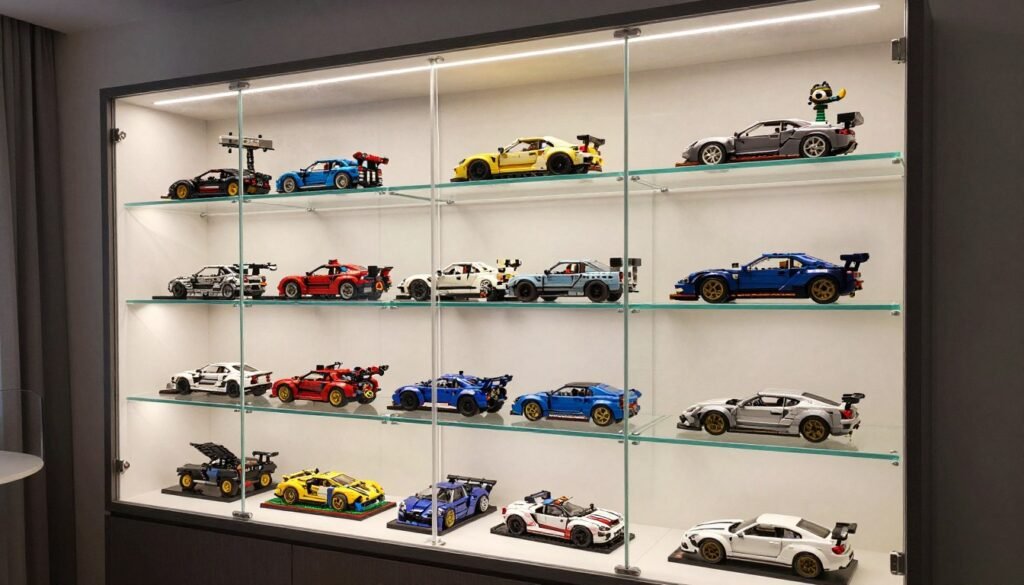 glass display case showcasing completed lego sets on shelves
