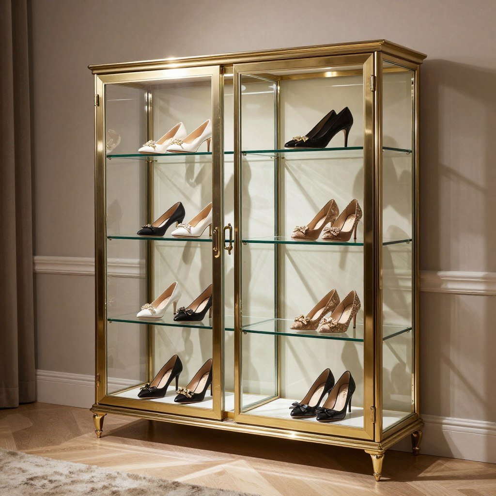 glass front shoe cabinet showcasing designer collection