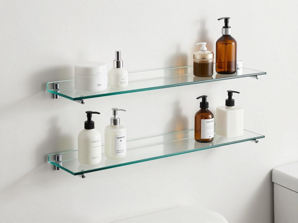 glass shelves mounted above toilet