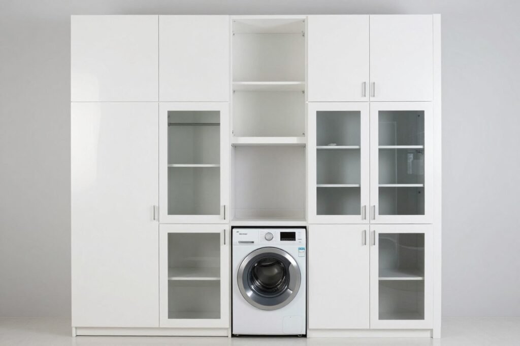 glossy white cabinets with glass doors in laundry room