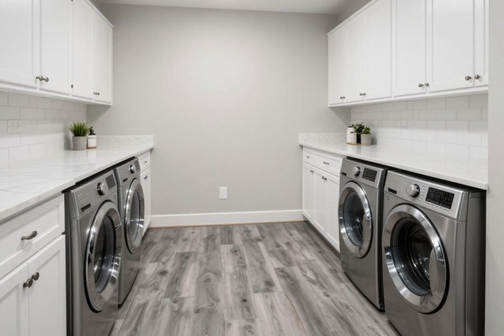 gray tone flooring in contemporary laundry design