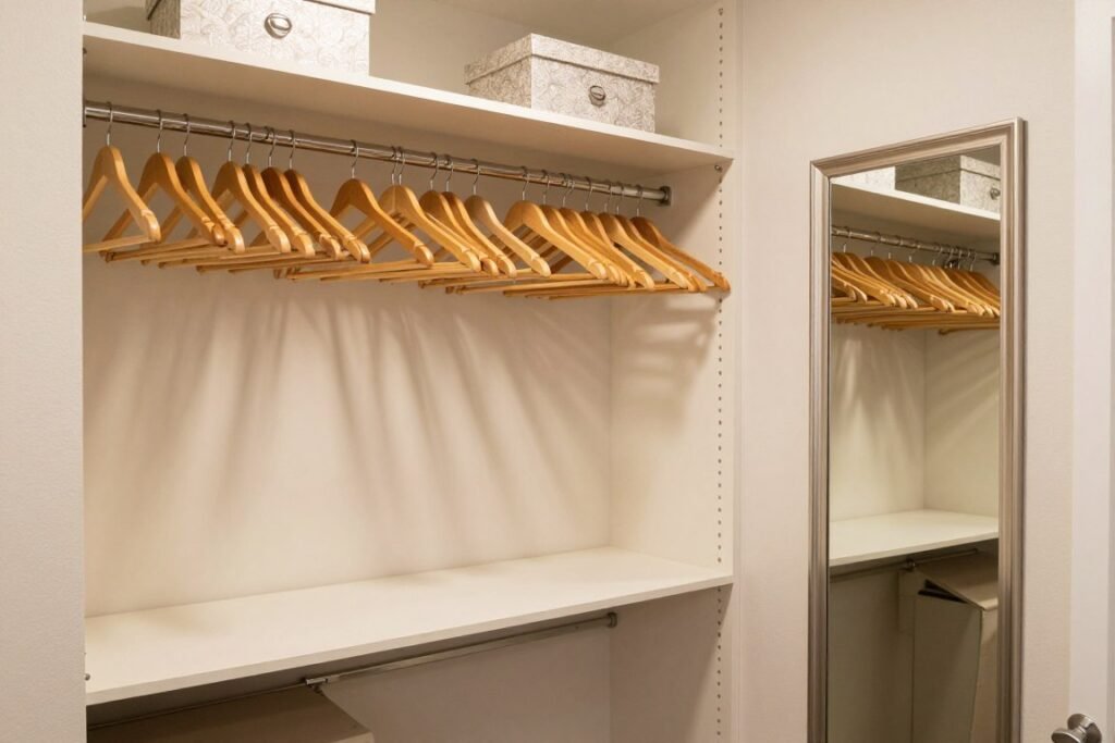 guest bedroom closet with empty hangers and shelf space