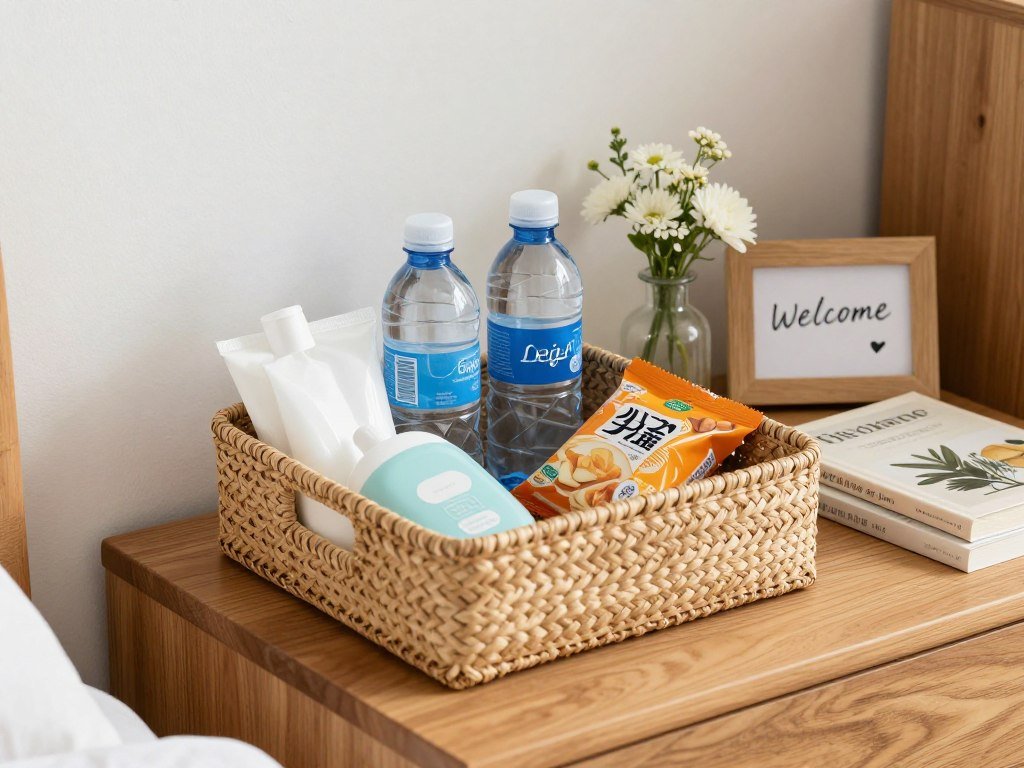 guest bedroom nightstand with welcome basket and fresh flowers