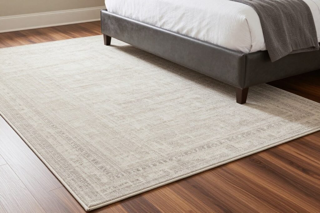 guest bedroom with area rug layered over hardwood floors