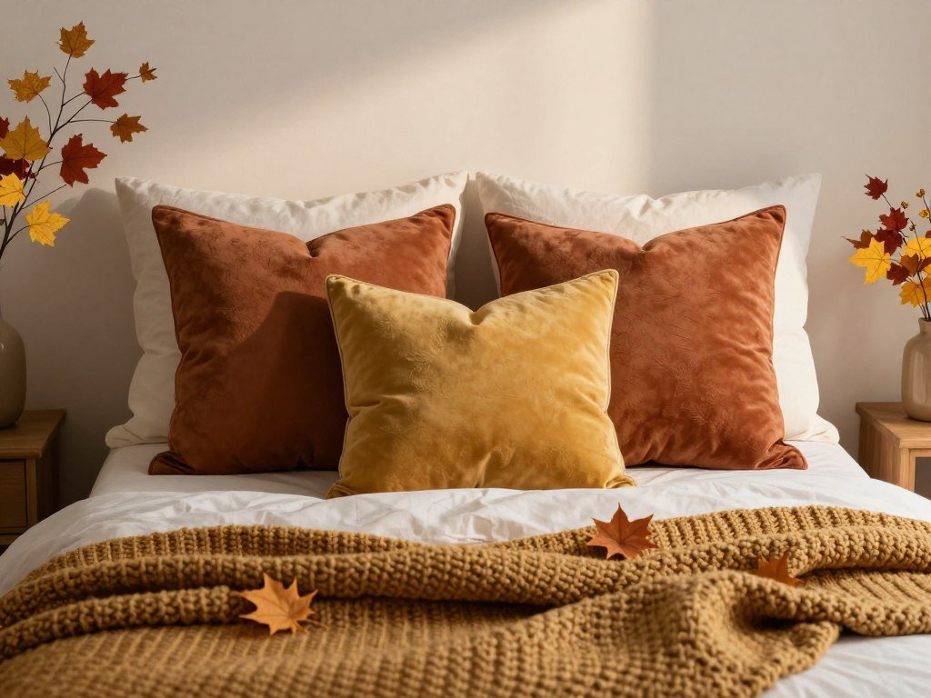 guest bedroom with autumn-inspired decor elements