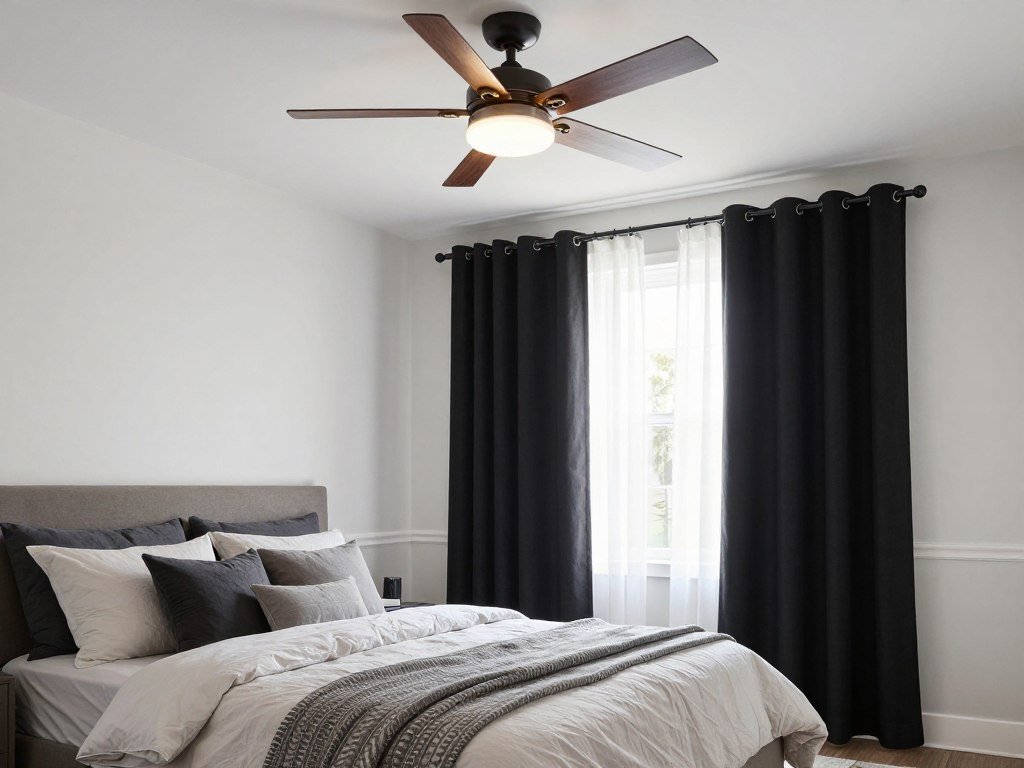 guest bedroom with ceiling fan and layered bedding for temperature flexibility