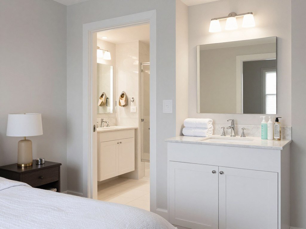 guest bedroom with ensuite bathroom visible through open door