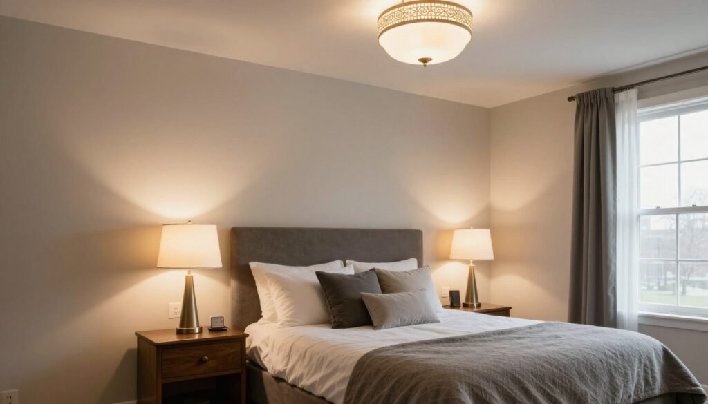 guest bedroom with layered lighting including bedside lamps and ceiling fixture