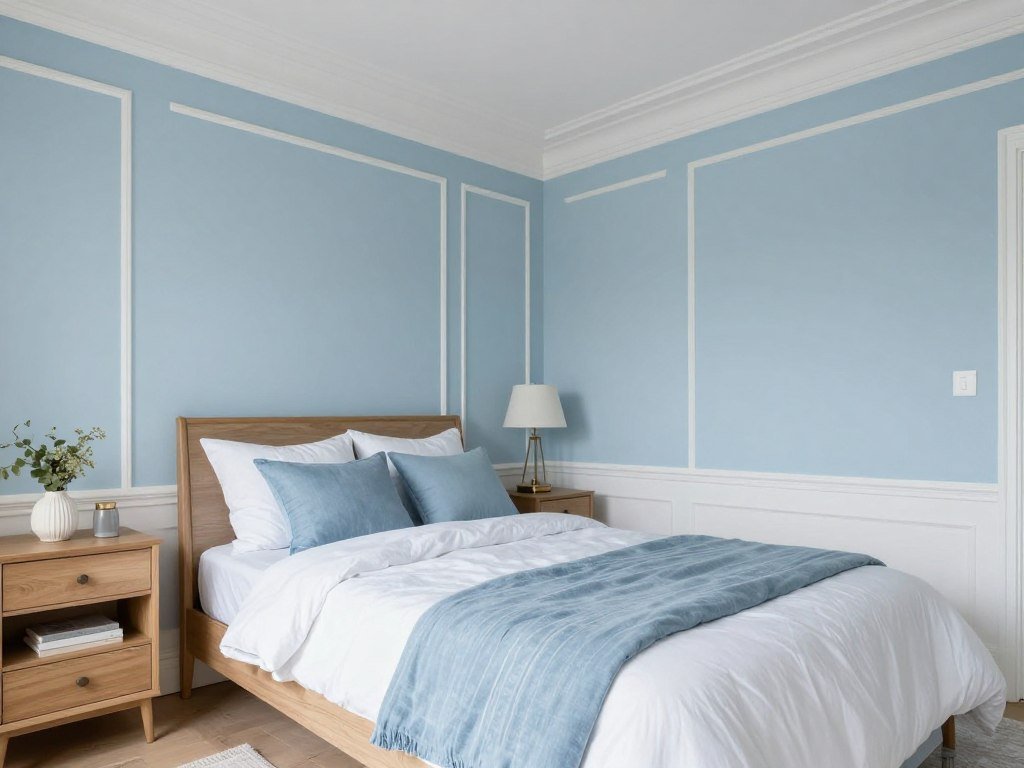 guest bedroom with soft blue walls and white trim