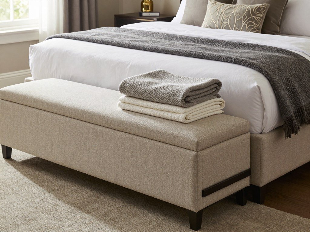 guest bedroom with storage bench at foot of bed holding extra pillows