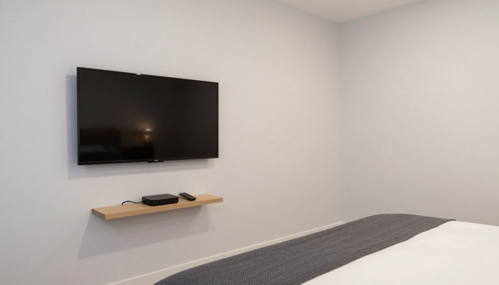 guest bedroom with wall-mounted television and streaming device