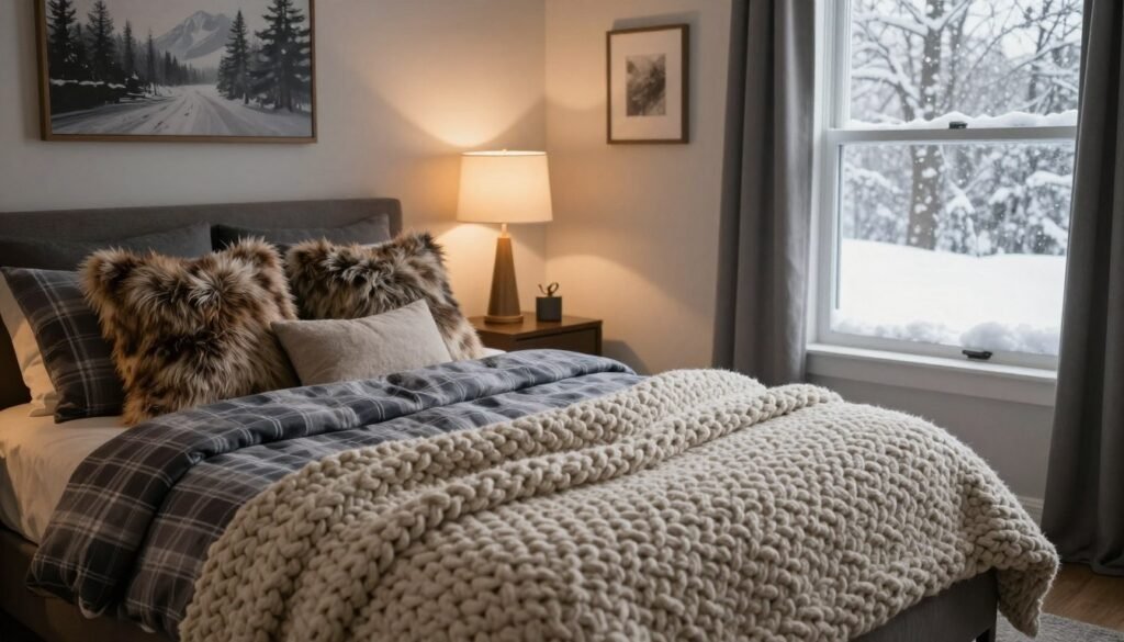 guest bedroom with winter decor featuring cozy textures