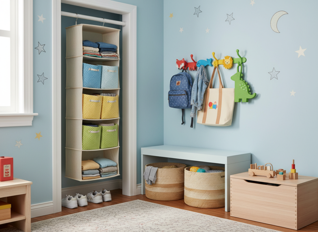 hanging clothing organizer and wall hooks in small kids bedroom