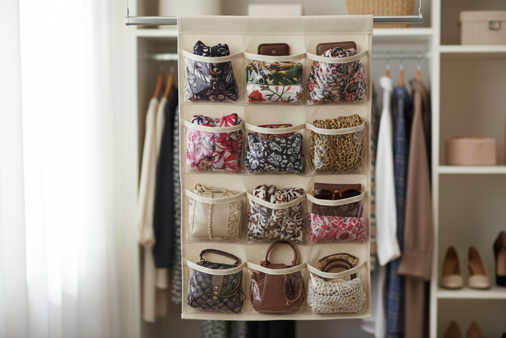 hanging fabric organizer with multiple pockets for accessories in closet