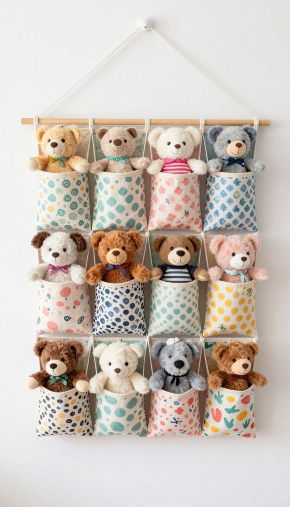 hanging fabric swing organizer with stuffed animals in pockets