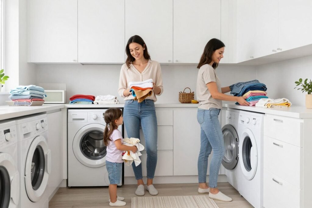 happy family in organized laundry room