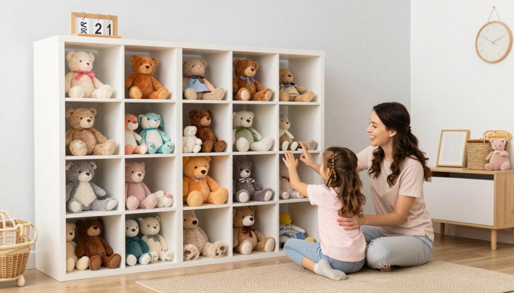 happy family in organized room with stuffed animal storage