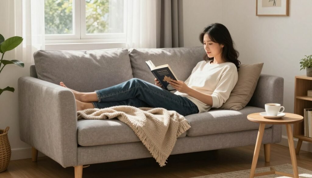happy person relaxing on sofa bed in small space
