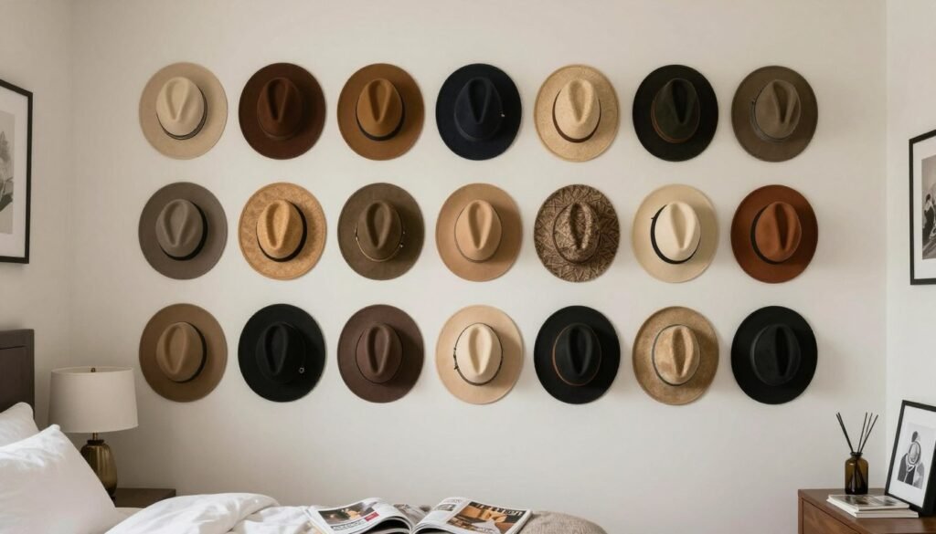 hat collection displayed as wall art in modern bedroom