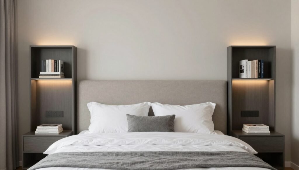 headboard with built-in book storage shelves in cozy bedroom with reading nook