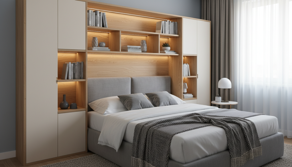headboard with built in storage shelves in very small bedroom