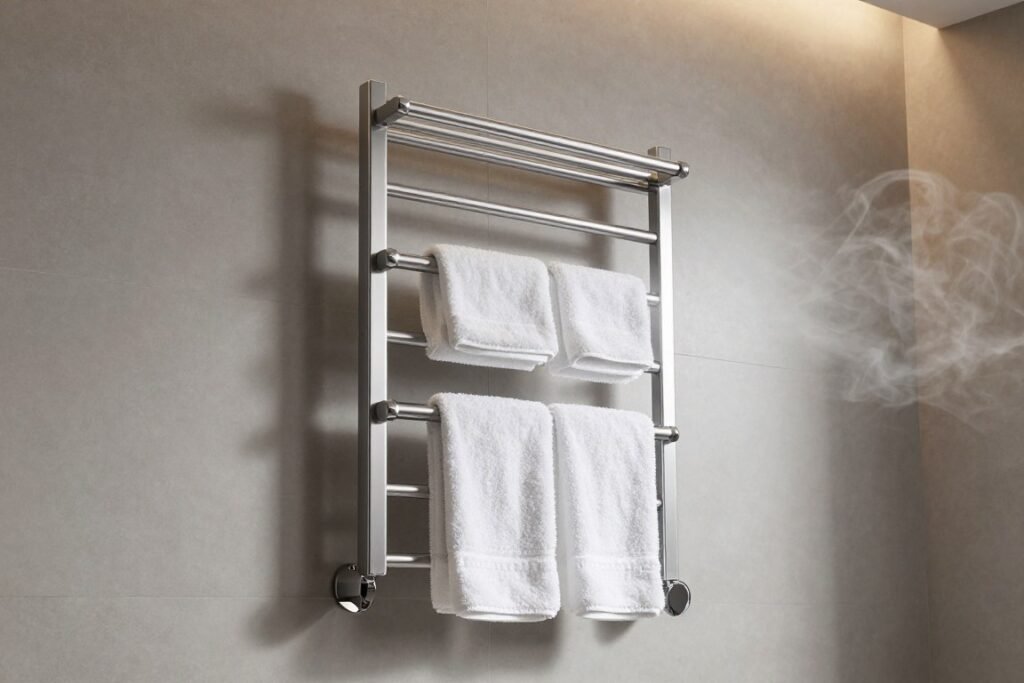 heated towel rack in modern bathroom