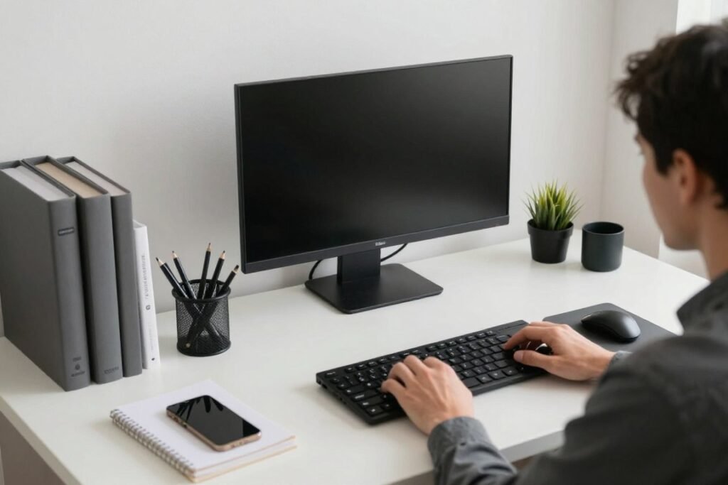 highly organized and productive small workspace